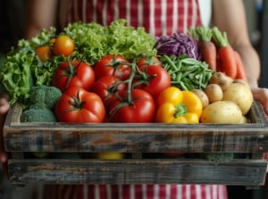A close-up shot of a person holding a wooden crate filled with several freshly harvested crops, that shows how to grow giant vegetables