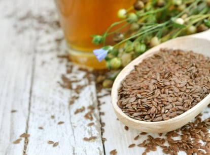 A close-up shot of a wooden spoon filled with seeds, alongside plants, showcasing when to harvest flaxseed