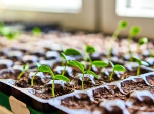 Young plants sprouting in seed trays on table